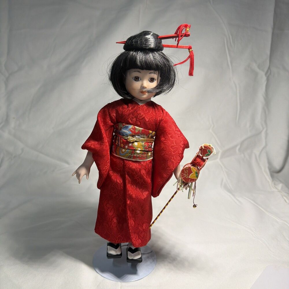 Vintage Porcelain 11" Japanese Geisha Doll Stand Red Kimono Signed Miko